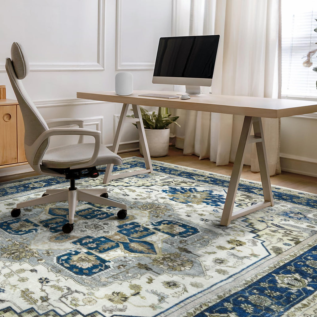 Machine Washable Area Rug - Large Vintage Oriental Soft Rugs, Low Pile Thin Floor Carpet with Non Slip Backing