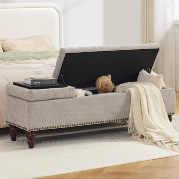 55" Storage Ottoman Bench, Tufted End of Bed Bench, Light Gray | 55" Tufted Storage Bench with 2 Compartments