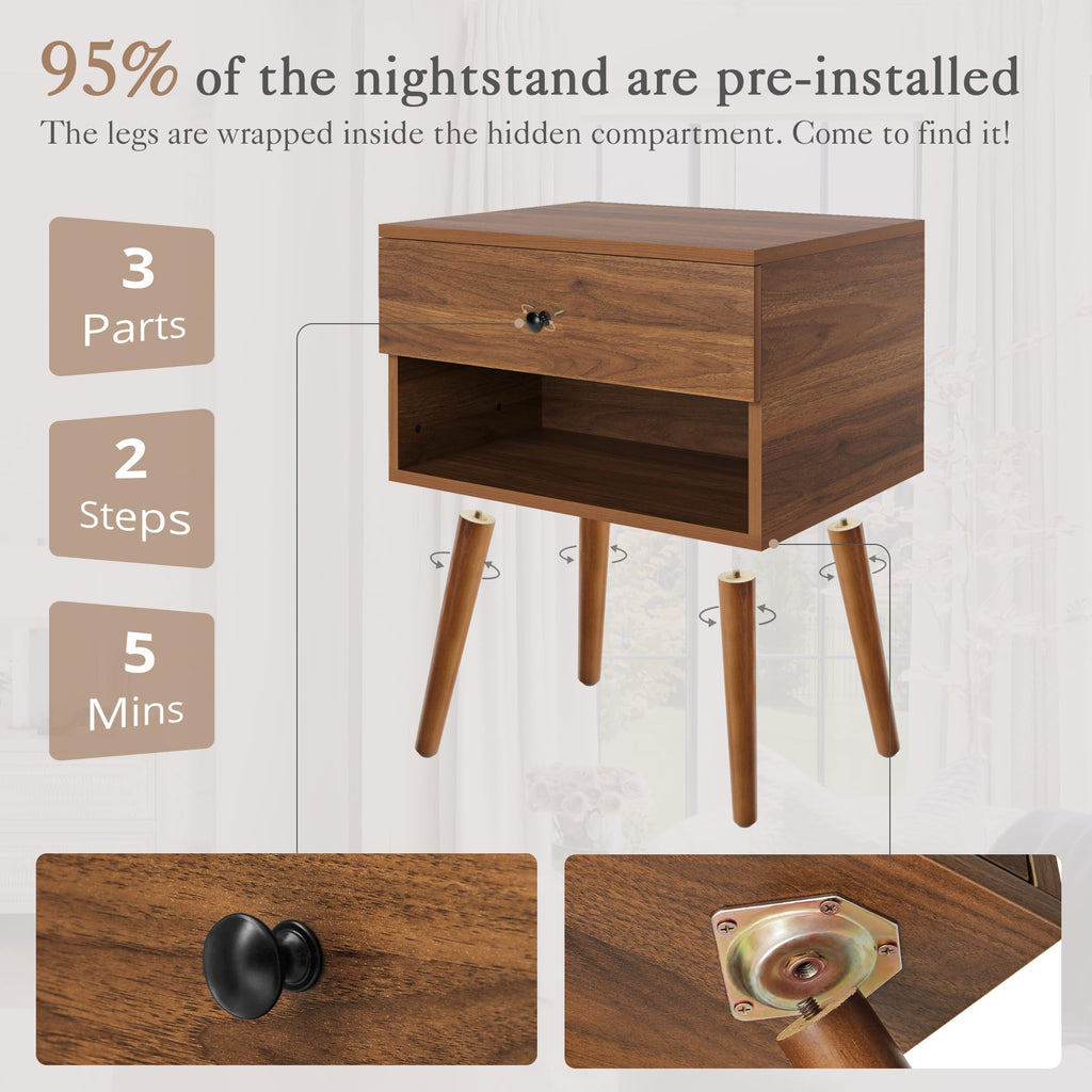 Hidden Compartment Night Stand Set 2, Mid Century Modern Concealment Furniture, End Table with Storage Drawer