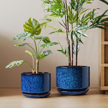 10 + 12 Inch Ceramic Plant Pots, Set of 2, Obsidian Blue