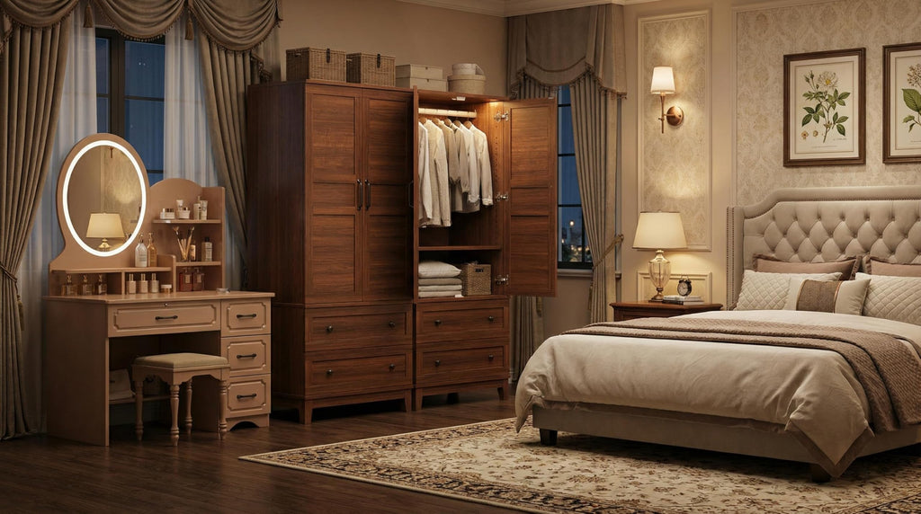72" Armoire Wardrobe Closet with 2 Drawers, Heavy Duty Wooden Clothing Storage Cabinet with Hanging Rod and