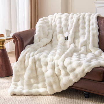 Faux Fur Cozy Heated Blanket Throw Size, Cream, 50"x62"