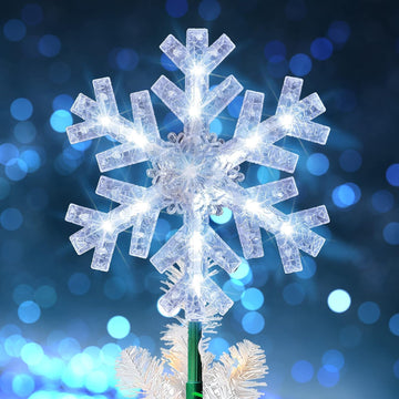 Snowflake Christmas Tree Topper, 9 inch Christmas Tree Topper Ornament with 15 White LED Lights, Lighted Tree Topper