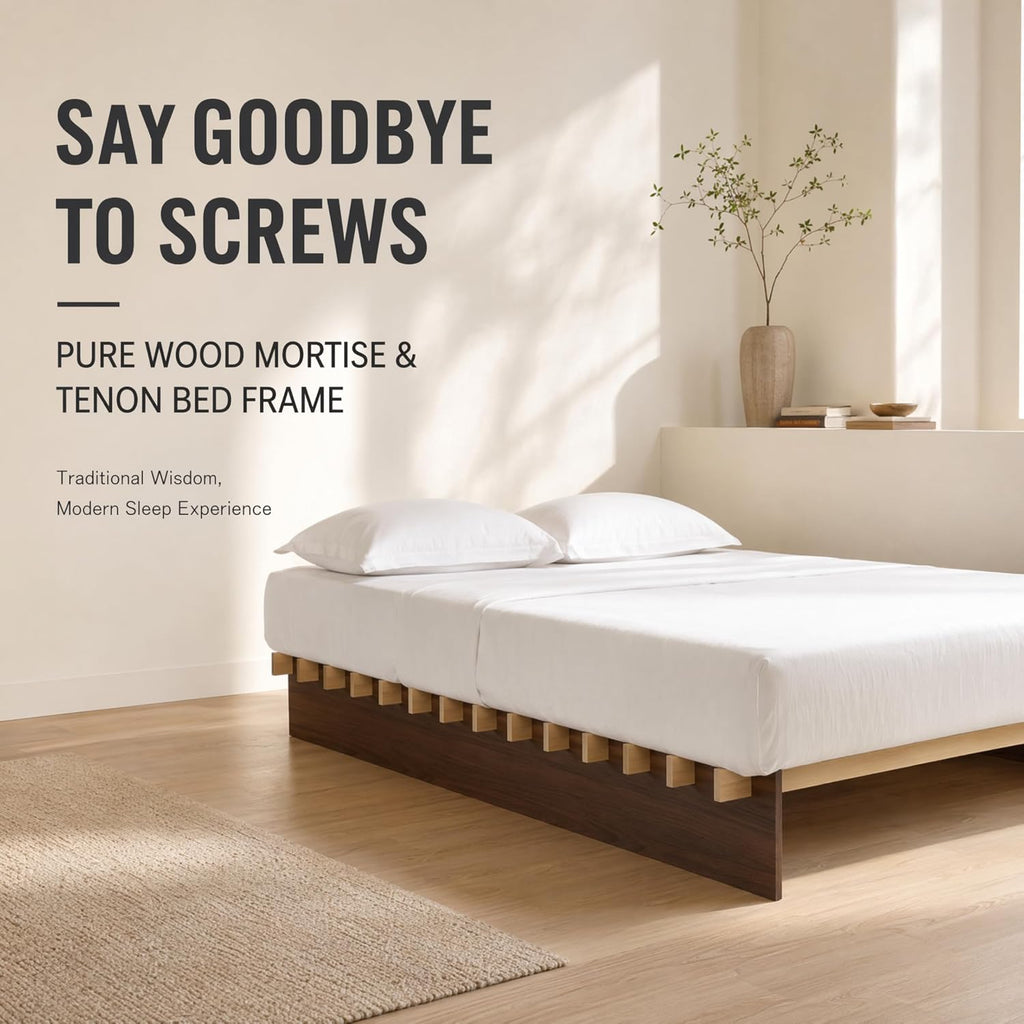 Wood Platform Bed Frame, Japanese Joinery Bed Frame, Walnut