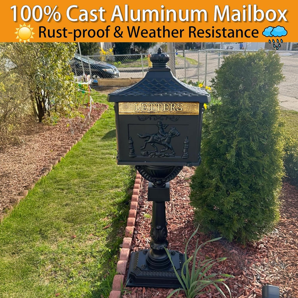 Classic Cast Aluminum Mailbox - 45.5" Postal Box with Locking Door and Keys, Vintage Design Men Women