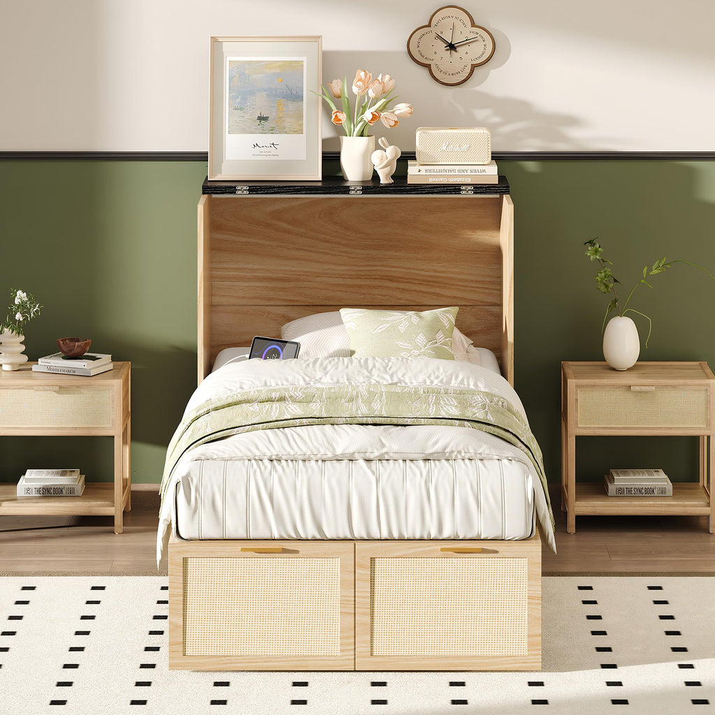 Twin Size Rattan Murphy Bed with Storage Drawer, Charging Station, Boho, Hideaway Paltform Panel Bed for Small
