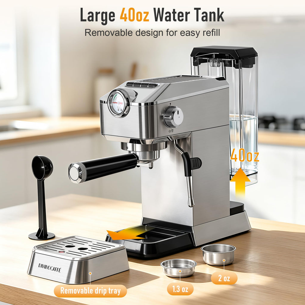 Compact Espresso Machine with Milk Frother and Pressure Gauge, 20 Bar Pump