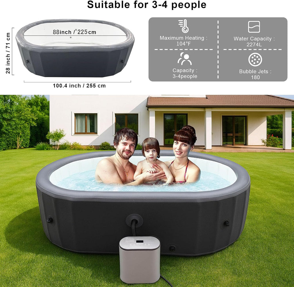 1-2 Person Inflatable Hot Tub - 100"*63"*28" Portable Outdoor spa with 180 AirJets & Smart Control