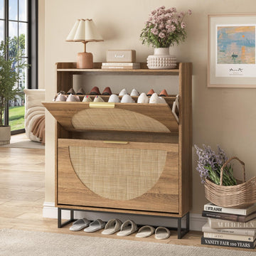 Rattan Shoe Storage Cabinet with 2 Flip Drawers, Freestanding Shoe Organizer with Metal Legs, Hidden Golden Handles