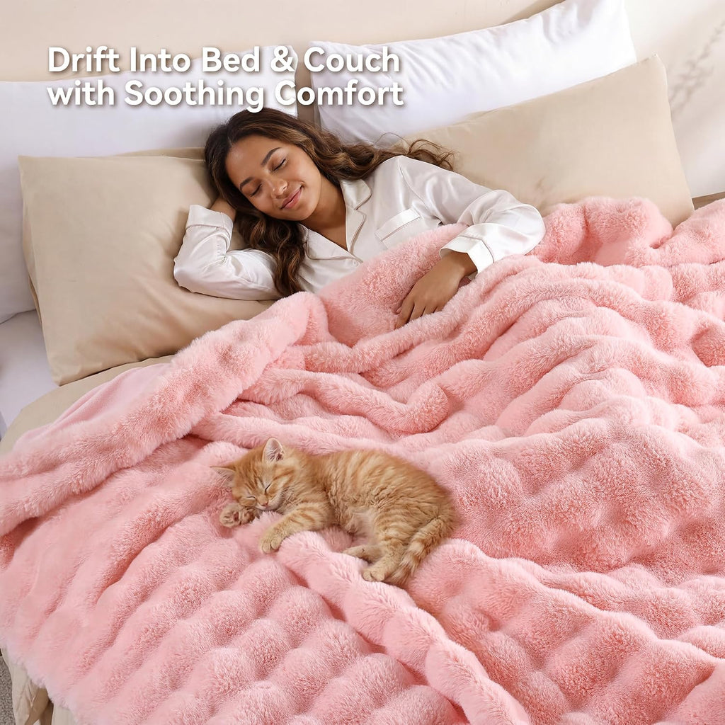 Faux Rabbit Fur Throw for Couch - Blush Pink Bubble Blanket 60"x80" | Fluffy Plush Fuzzy Throw for Sofa & Bed, Super