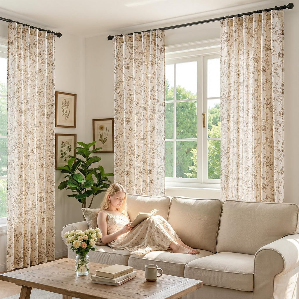 Amlie Linen Floral Curtains 84 inch Length Curtains for Living Room Bedroom Farmhouse Country Decor Drapes Light