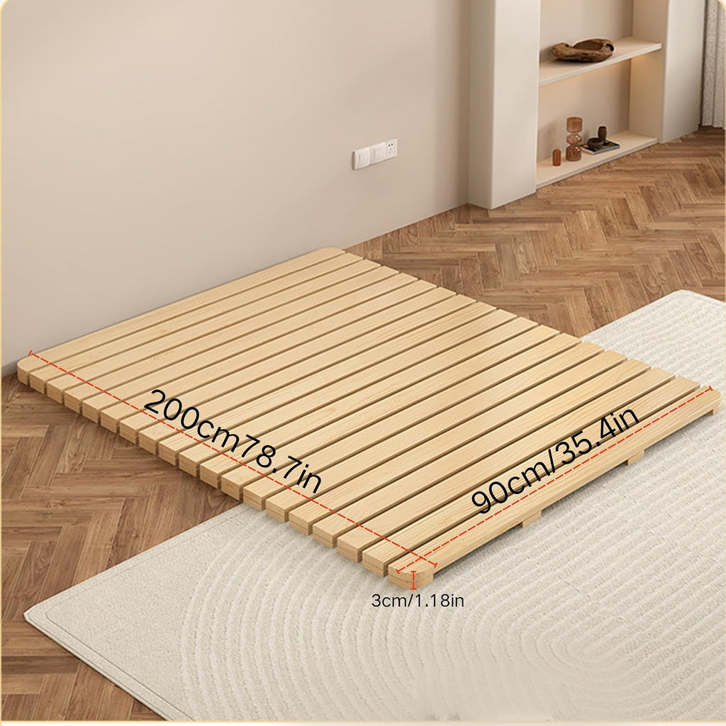 Scandinavian Natural Wood Slatted Roll-Up Bed Base, Japanese Style Tatami Mattress Support Platform, 79 x 35 Inches