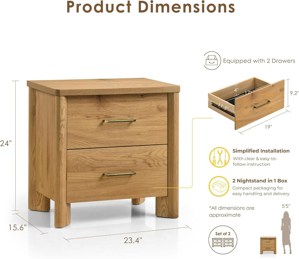 Sawer Modern 23-inch Wood Nightstand Set of 2 with 2 Drawers and USB Ports, Wooden Night Stand , Small Bedside Table