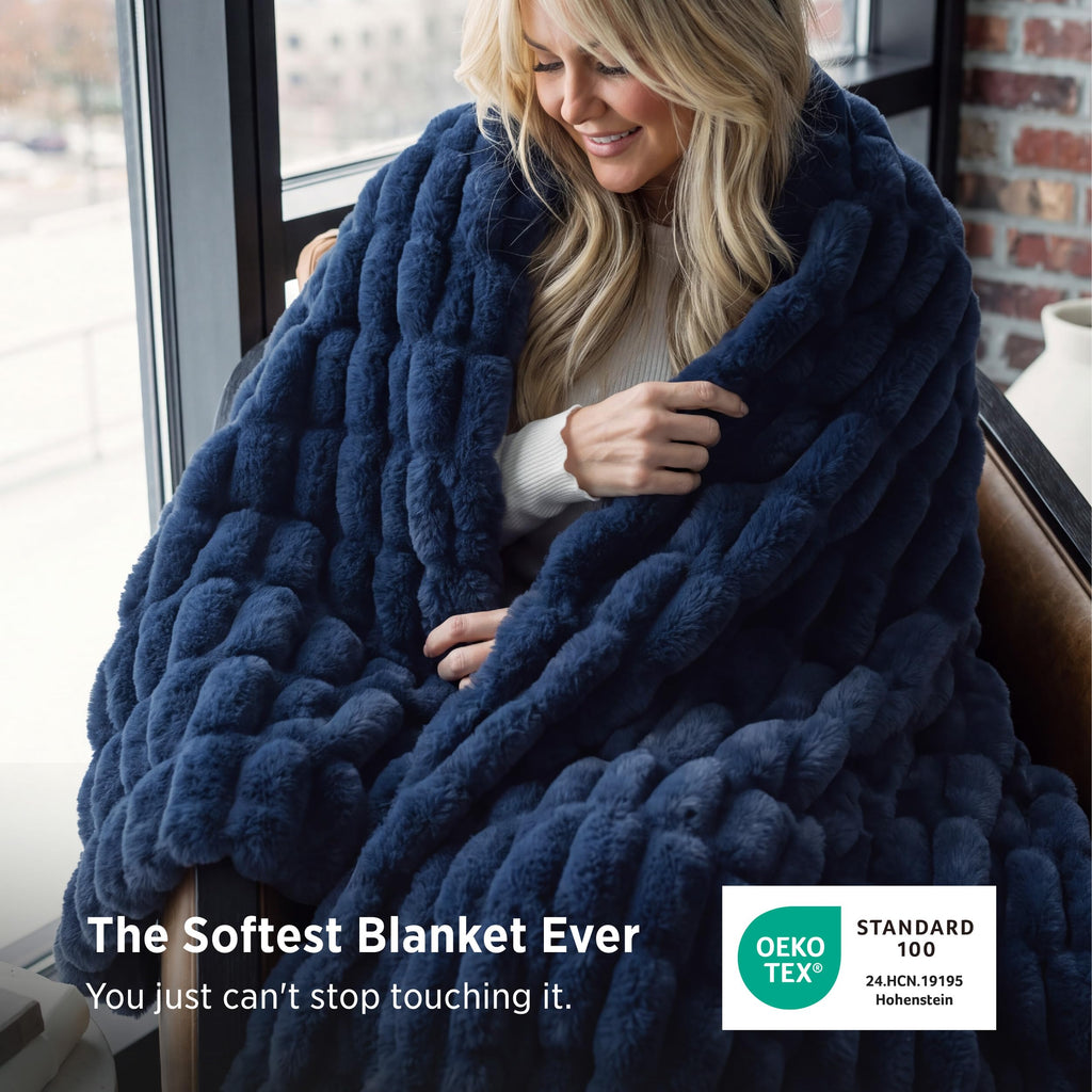 Soft Double-Sided Faux Fur Throw XL Blanket, Navy Blue, 50"x70"