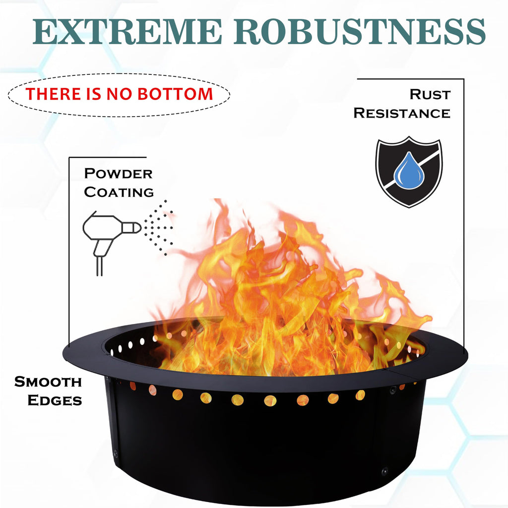 Smokeless Fire Pit Insert - Steel 36" Round Foldable Fire Pit Ring with Air Vents and Coller Support - DIY Fire Ring