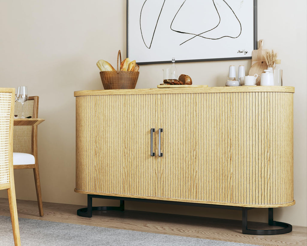 Sideboard Buffet Cabinet with Storage, 54.3" Fluted Tambour, Adjustable Shelves, Mid Century Modern Console Kitchen