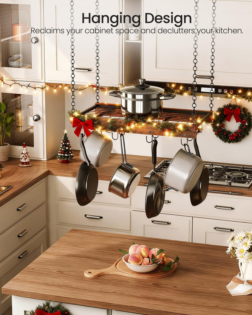 Hanging Pot Rack, Vintage Pot Hangers, Ceiling Mounted Pot Rack, Pot and Pan Hanging Rack with 12 S-Shaped Hooks