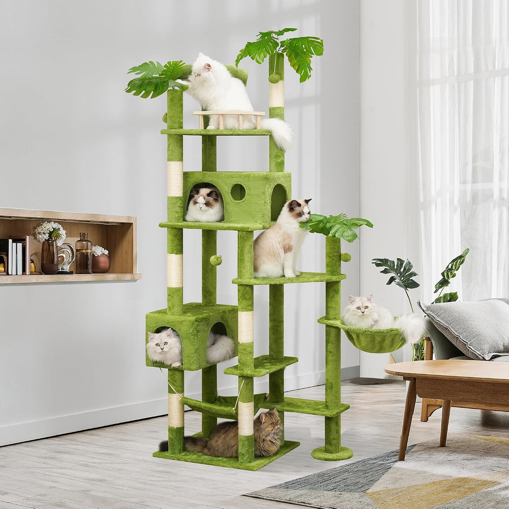 77in Tall Cat Tree for Large & Heavy Cats, 4-Level Indoor Cat Tower with Leaves, Sisal Scratching Posts, 2 Cat
