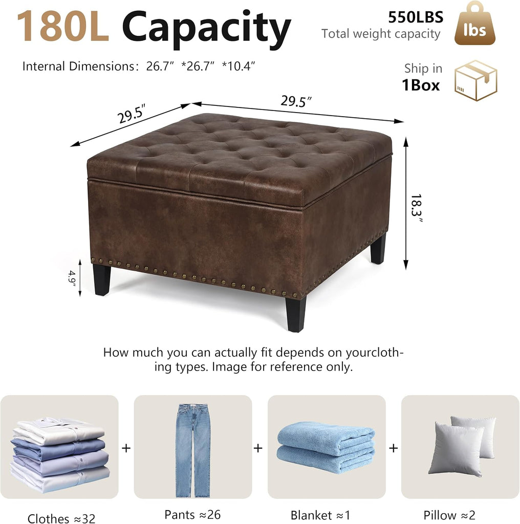 Faux Leather Storage Ottoman Bench, Square Tufted Coffee Table | 29.5" Nailhead Trim Upholstered Ottoman with