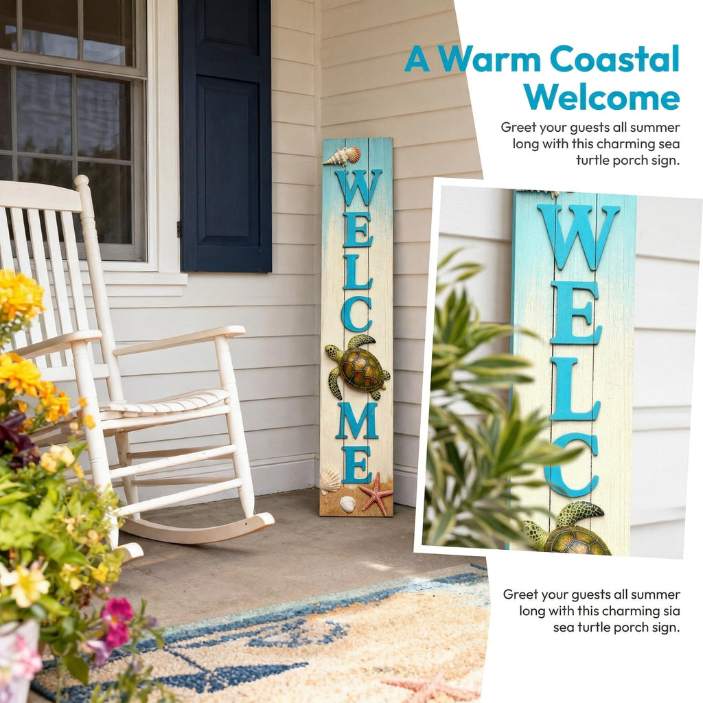 Vertical Wooden Sea Turtle Welcome Porch Sign, Rustic Summer Porch Standing Sign, Beach Decorative Plaques for Front