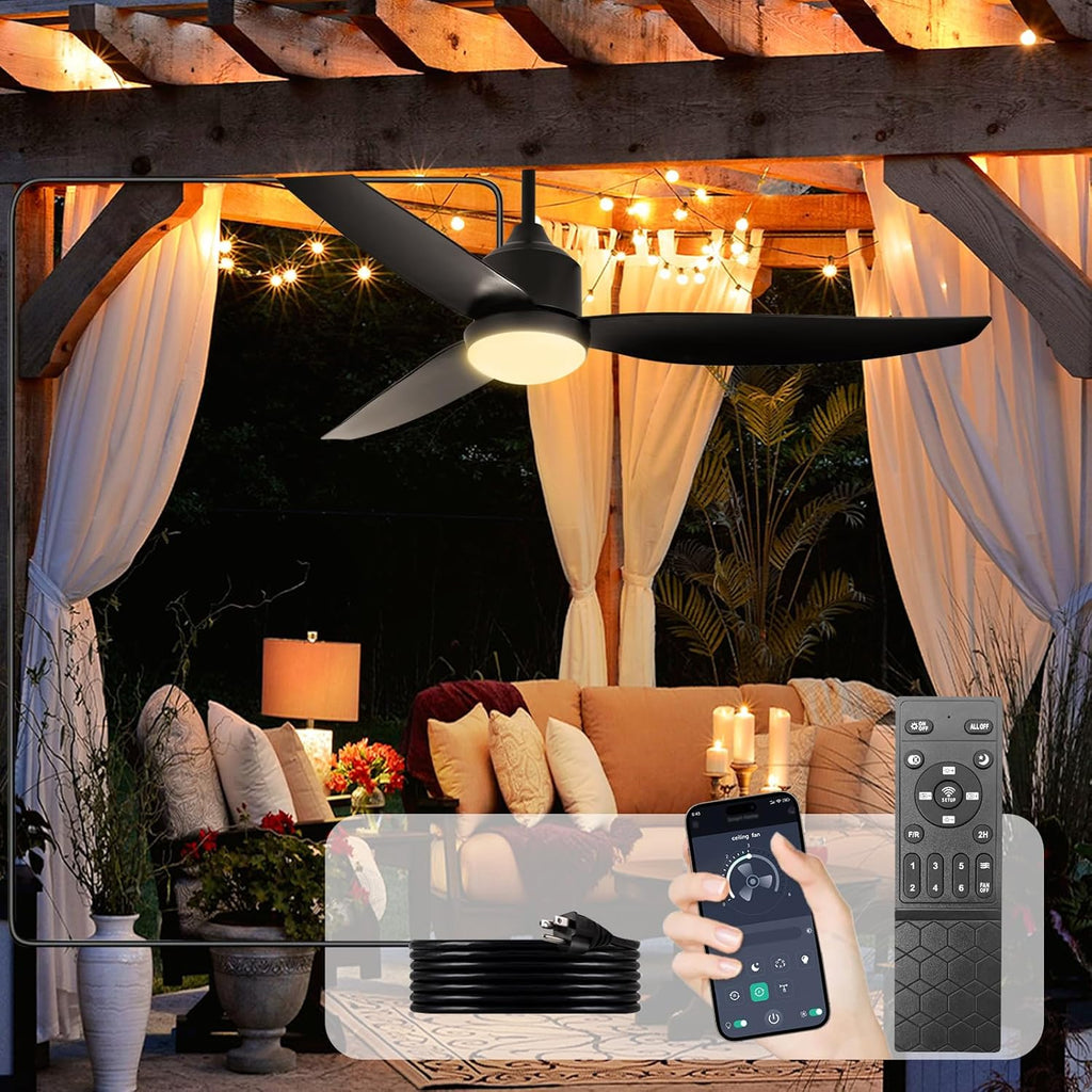 52 Inch Black Waterproof Gazebo Fans with Light Outdoor Hanging - Plug in Waterproof Fans with Lights for Patios - Dimmable Remote App Control A101-B0F5WN2G11