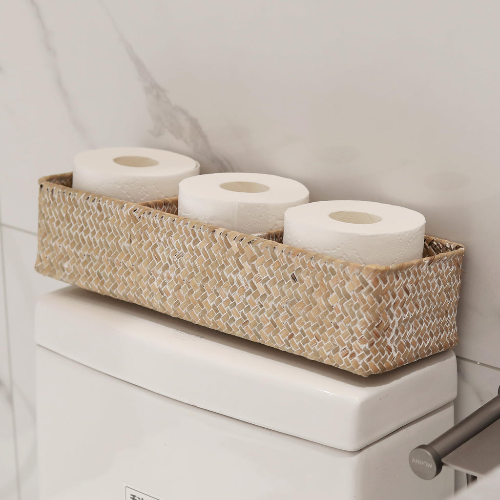 Whitewash Seagrass Toilet Paper Basket 3 Sections 16.5 x 5.5 x 3.5inch