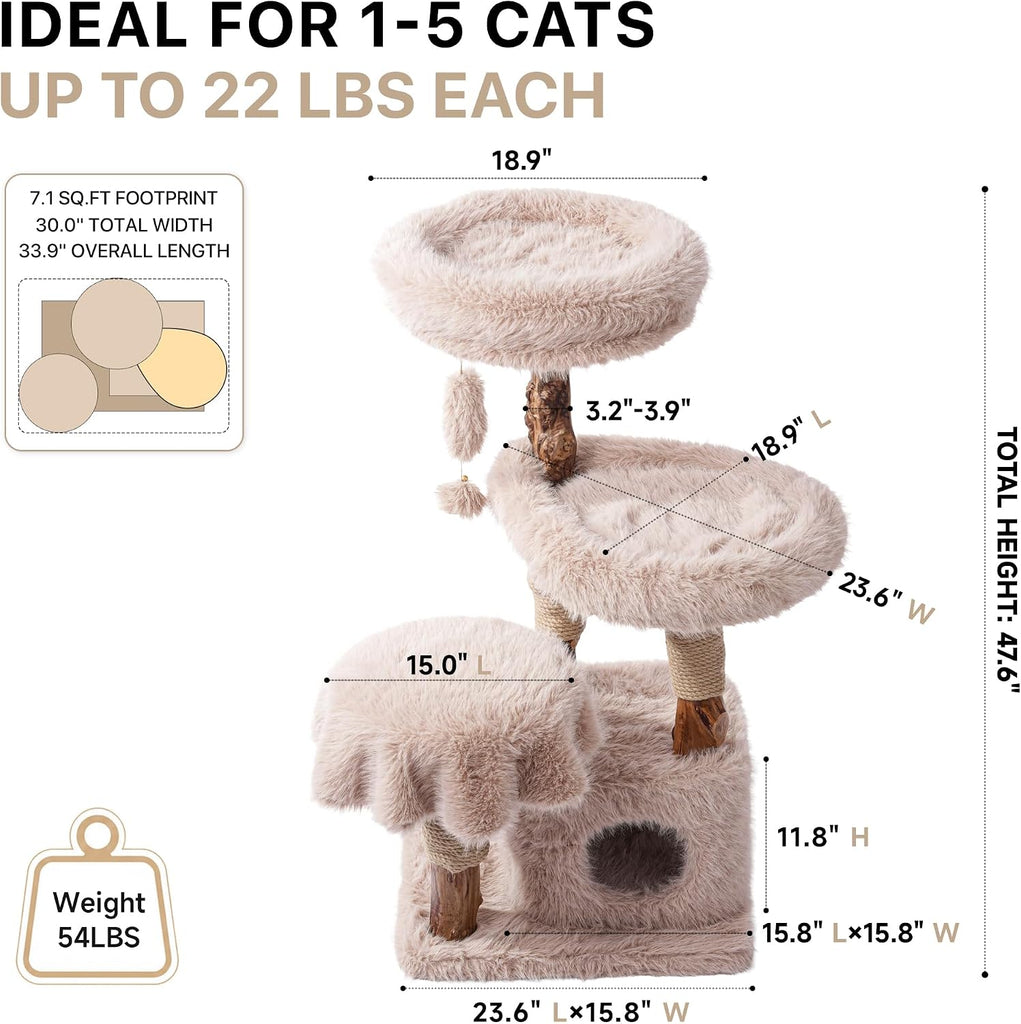 47.6" Modern Wood Cat Tree for Large Cats, Solid Wood Cat Tower for Multi-Cat Homes, Cat Furniture with Condo