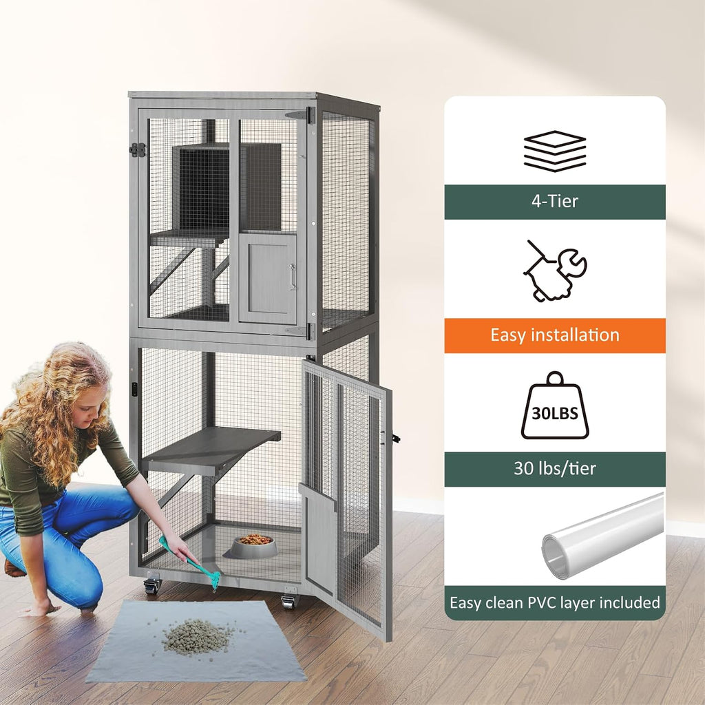 4 Tier Catio Outdoor Cat Enclosure, Indoor Cat House with 4 Wheels