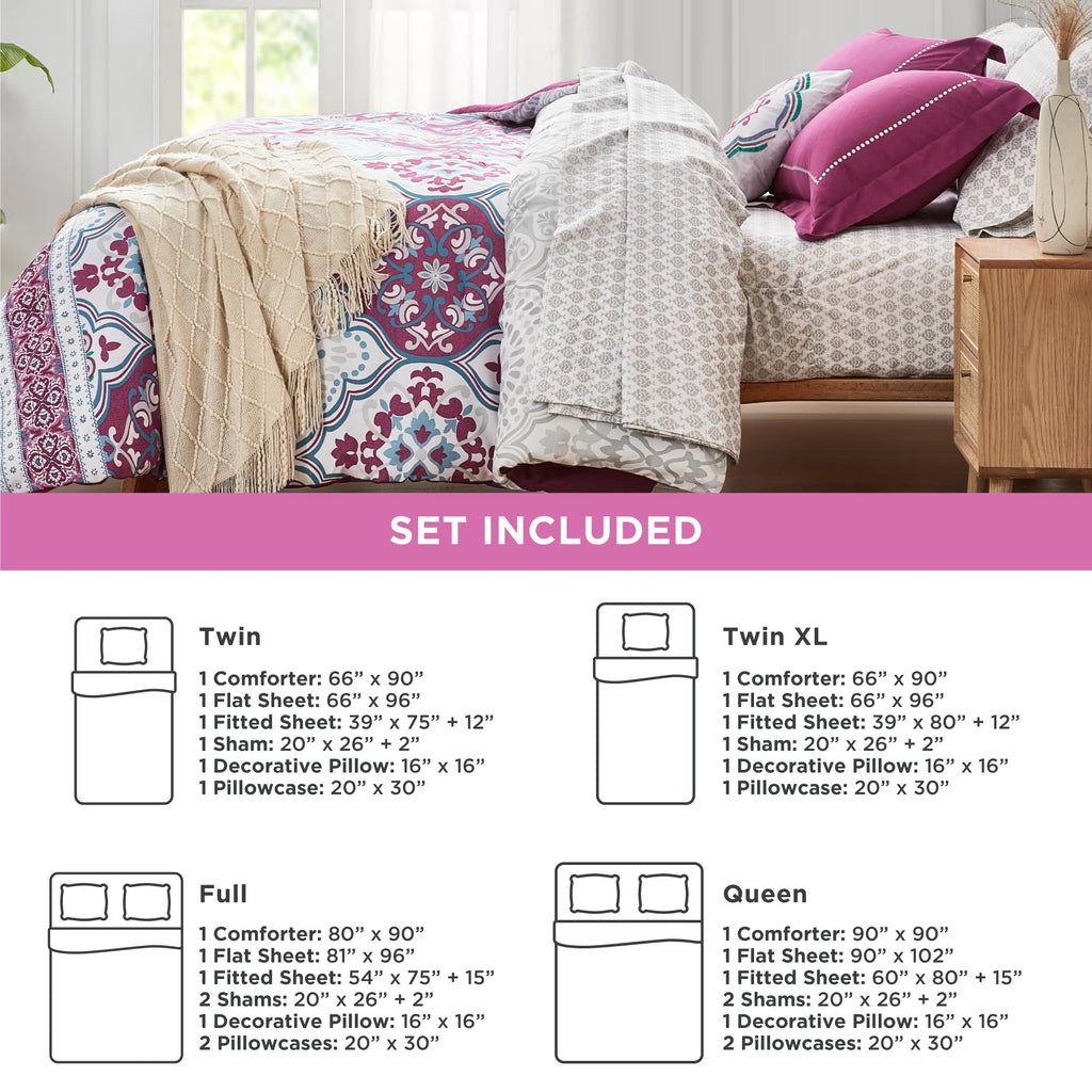 Twin Complete Comforter Sets, Lattice Boho Bed in A Bag, Microfiber Bedding Set with Side Pockets, Matching Decorative