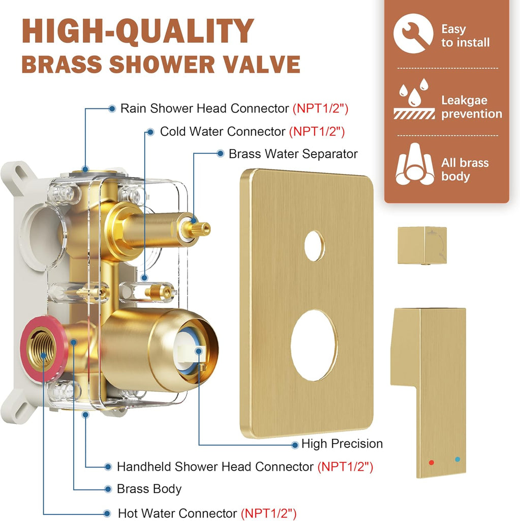 Gold Shower System, Shower Faucet Set with 10-Inch Rain Showerhead and Handheld Spray