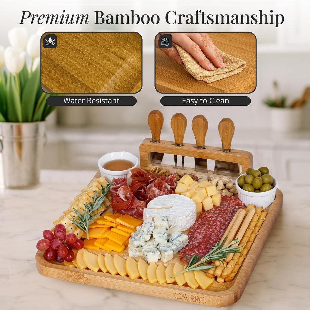 Charcuterie Board Set Bamboo with Cheese Knives and Bowls, Large Wooden Serving Platter for Entertaining