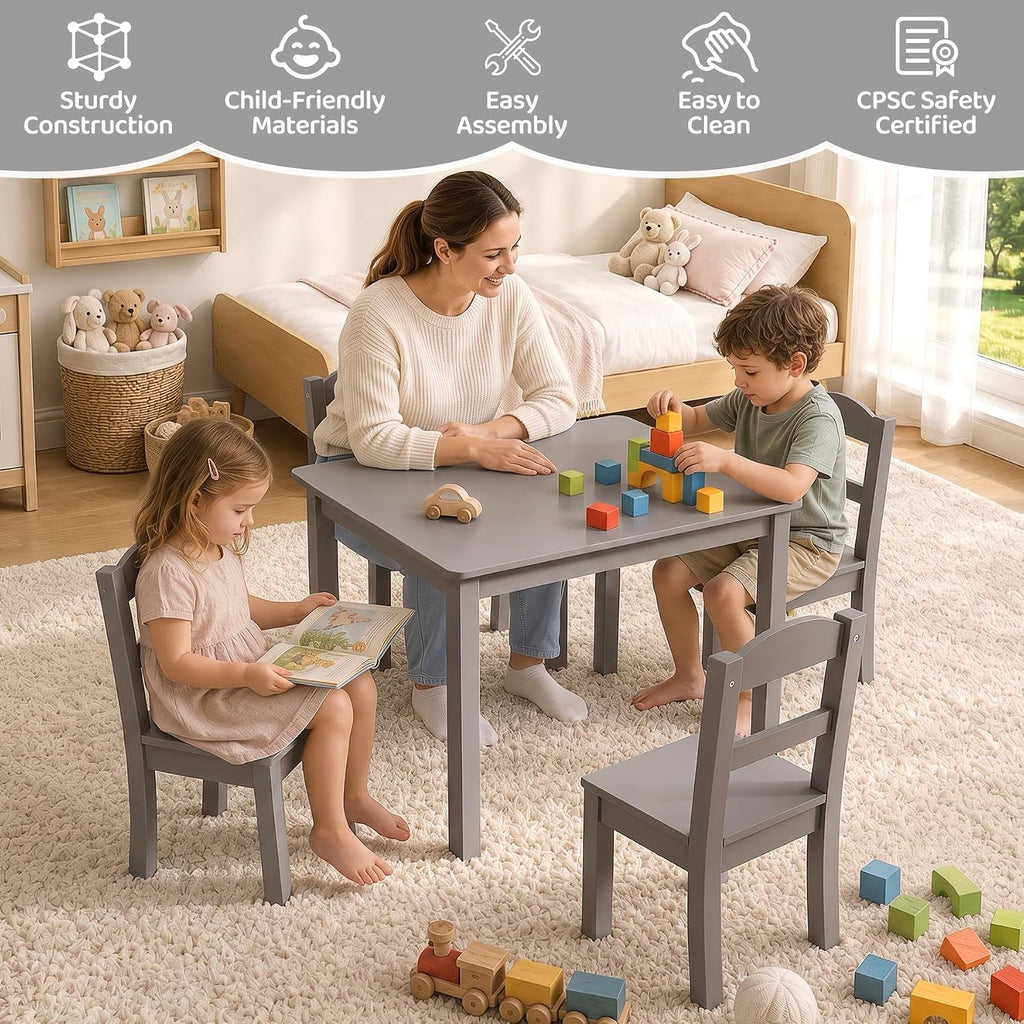 Wooden Kids Table and 4 Chairs, 26" L x 22" W, Graffiti, Grey