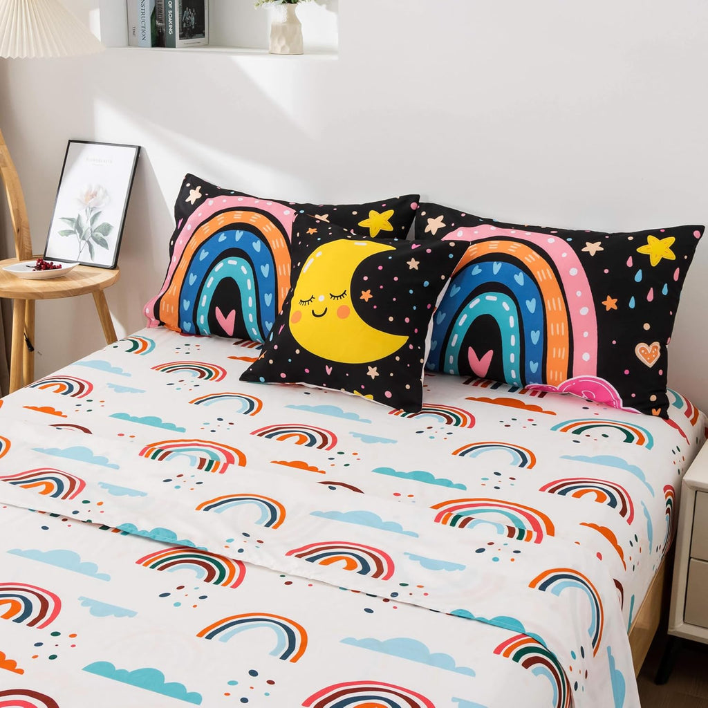 5 Piece Black Rainbow Comforter Set for Girls Boys Kids, Cartoon Cute Moon Stars Bedding Set, Bed in a Bag with Comforter, Sheets and Pillowcases,Twin