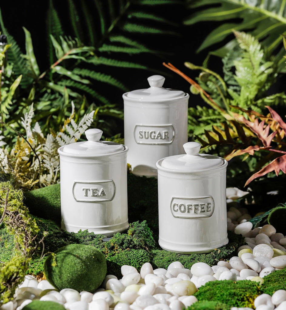 Relief Rectangle Ceramic Canisters Sets For The Kitchen Canisters For Countertop Set of 3 Airtight Coffee Canisters