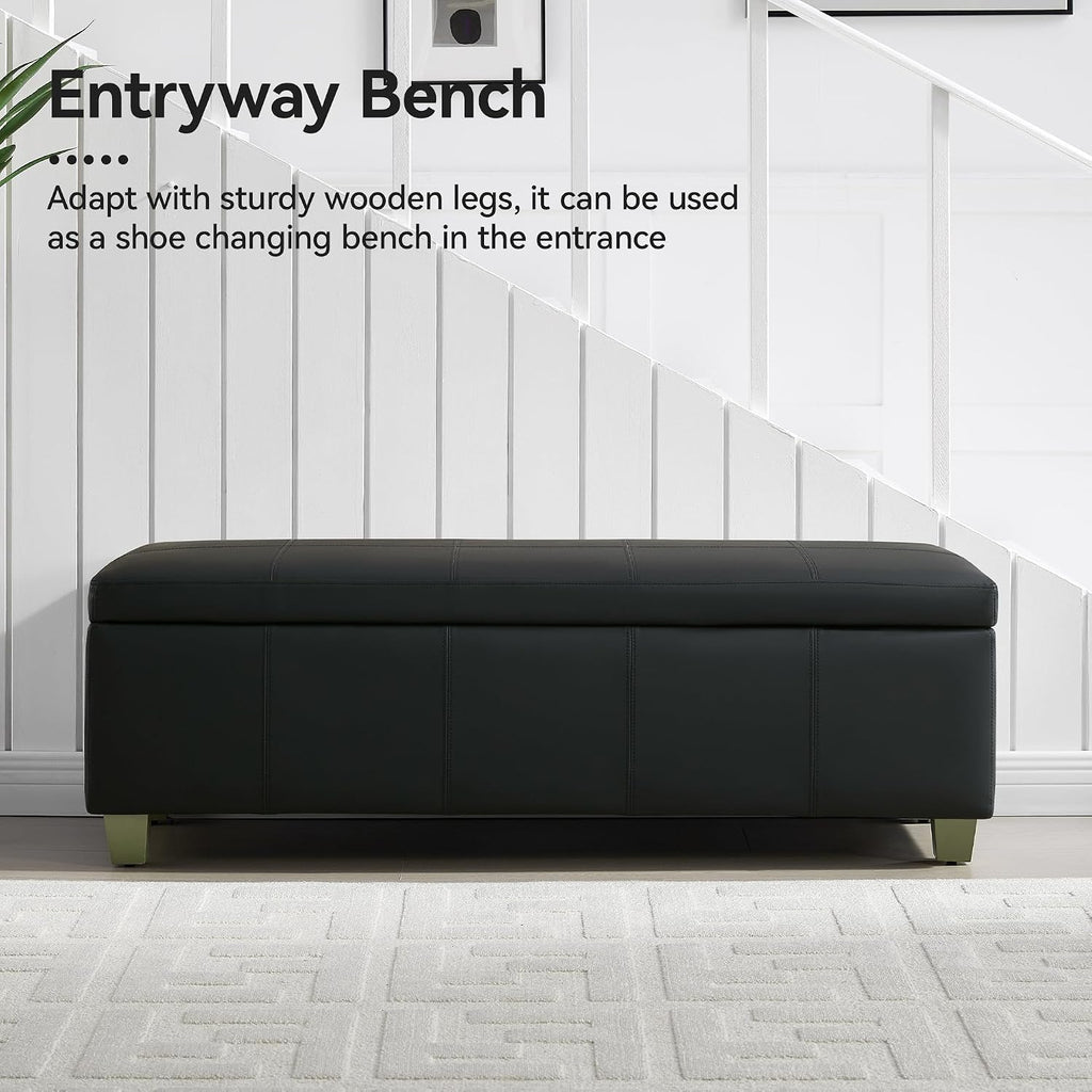 51" Faux Leather Storage Ottoman, Stitch Tufted Rectangle Upholstered End of Bed Storage Bench, Entryway Large Couch