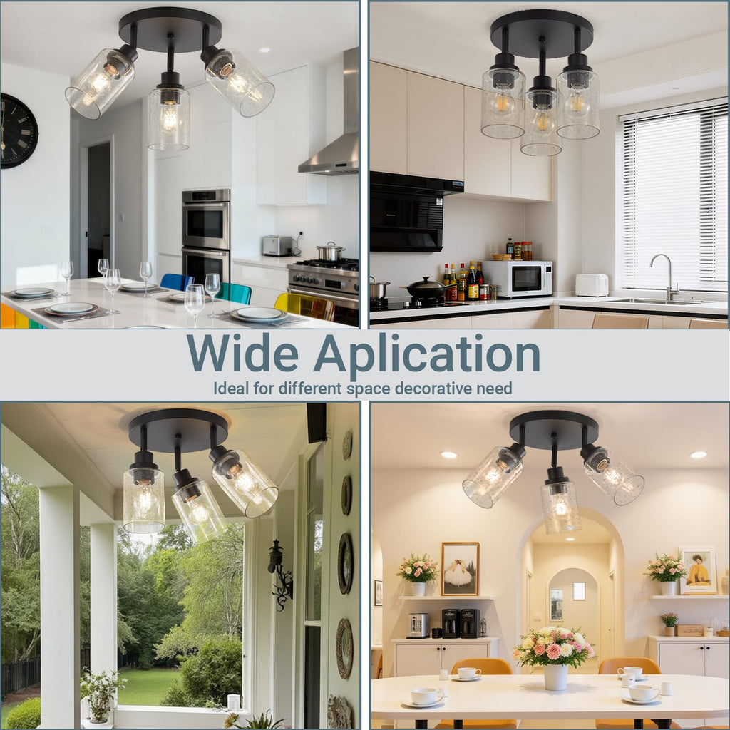 Track Lighting with Rotatable Light Heads, Black Ceiling Track Lighting Fixtures with Seeded Glass Shade