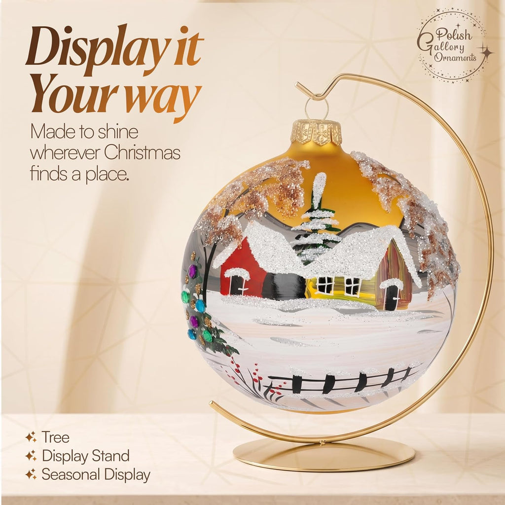 Hand Blown Glass Ball Christmas Ornament, 5 in, Countryside Gold