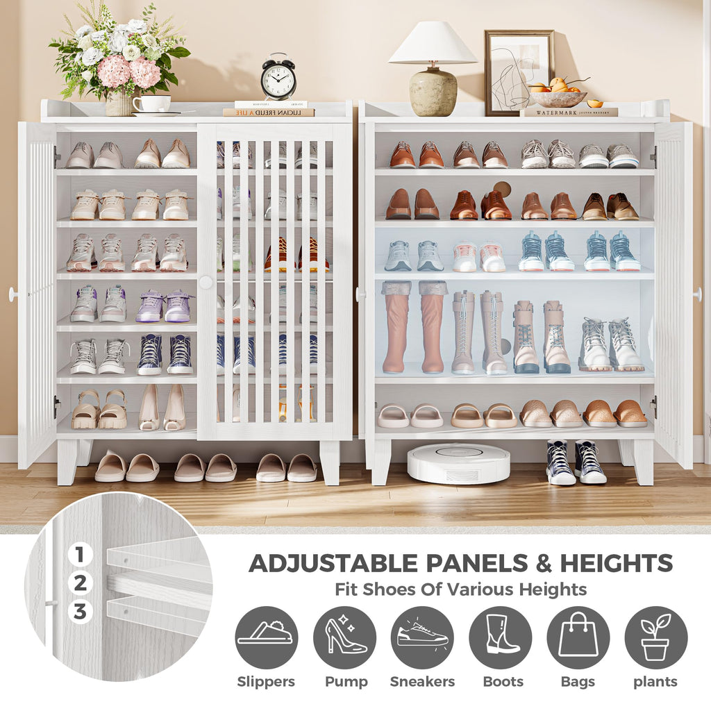 Shoe Cabinet with Slatted Doors, 6-Tier Shoe Storage Cabinet, White