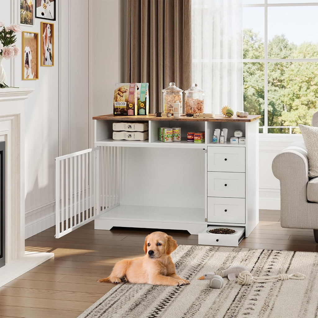 Large Dog Crate Furniture, Farmhouse Wooden Dog Kennel Furniture with Dog Bowl & 6 Storage Drawers, Heavy