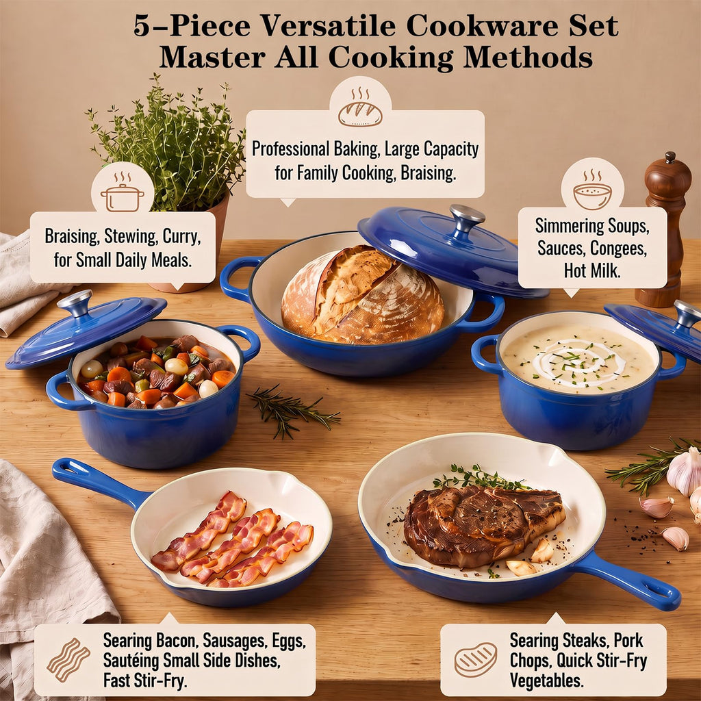 5-Piece Enameled Cast Iron Cookware Set with Lids, Skillet, Frying Pan, Saucepan and Dutch Oven for All Stovetops