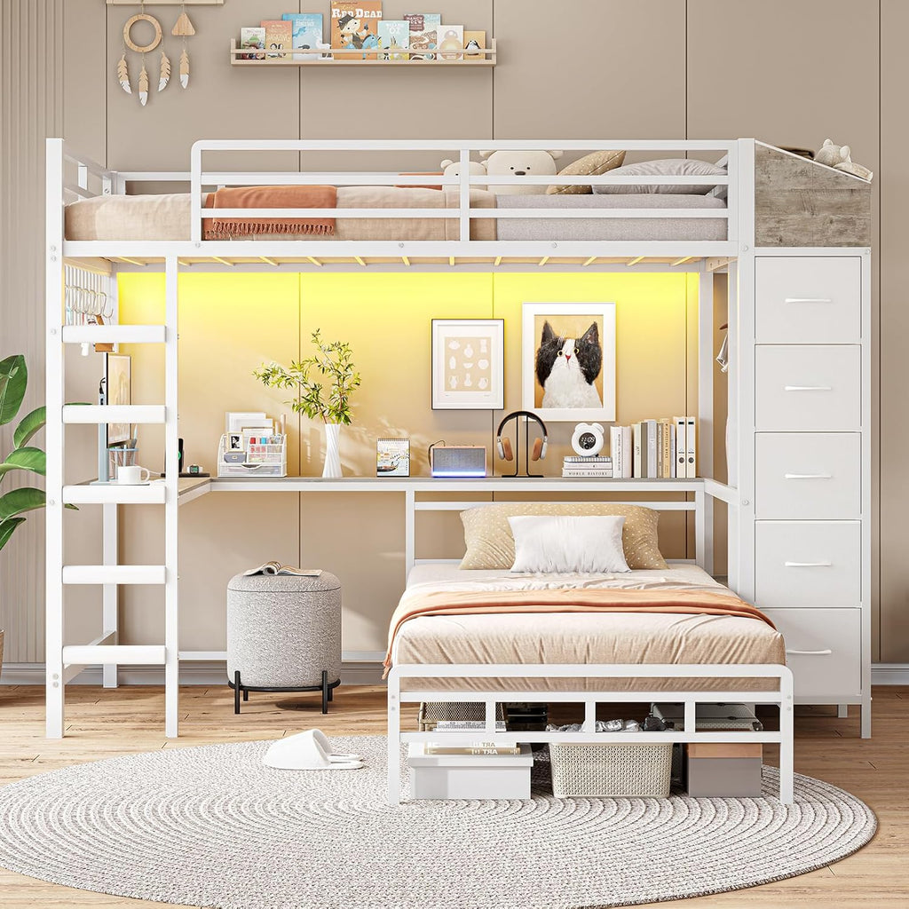 Bunk Bed Twin Over Twin with Hall Tree, Charging Station and LED Lights, L-Shaped Bunk Bed with Desk