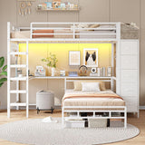 Bunk Bed Twin Over Twin with Hall Tree, Charging Station and LED Lights, L-Shaped Bunk Bed with Desk
