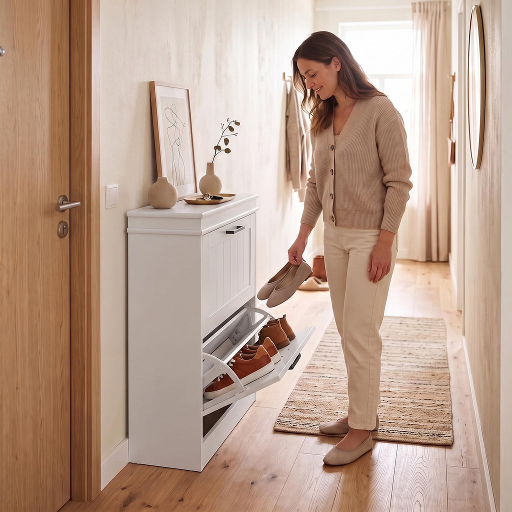 Narrow Shoe Cabinet with 2 Flip Drawers, Modern, White