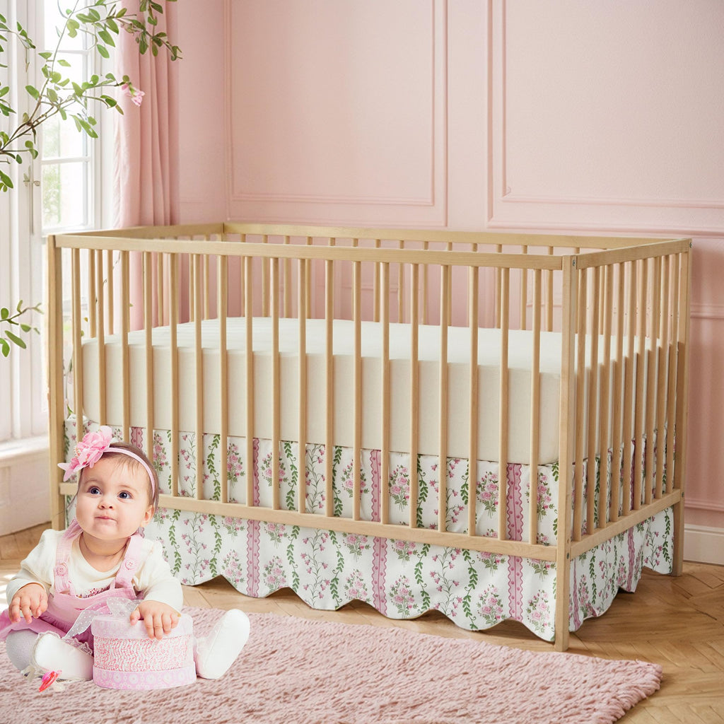 Scallop Edge Crib Skirt Organic Cotton Toddler Bedskirt Floral Stripes and Vines Baby Nursery Crib Bed Skirt Neutral
