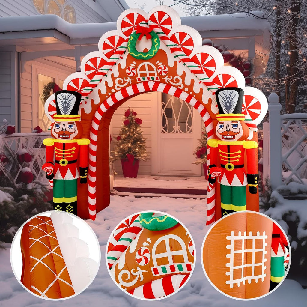 10 Ft Christmas Inflatable Gingerbread Candy House with Nutcrackers Outdoor Decorations, Giant Xmas Blow Up Yard