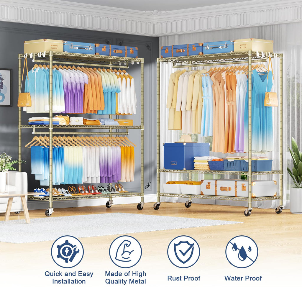 P8 Max Heavy Duty Clothes Rack(With Extended Width Design) Rolling Clothing Racks for Hanging Clothes, Portable