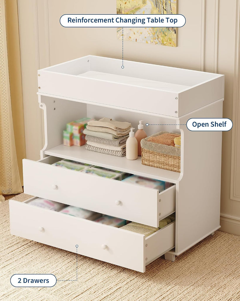 Baby Changing Table with Drawer and Storage Shelves | Heavy Duty Diaper Station, White Wooden Changing Table with