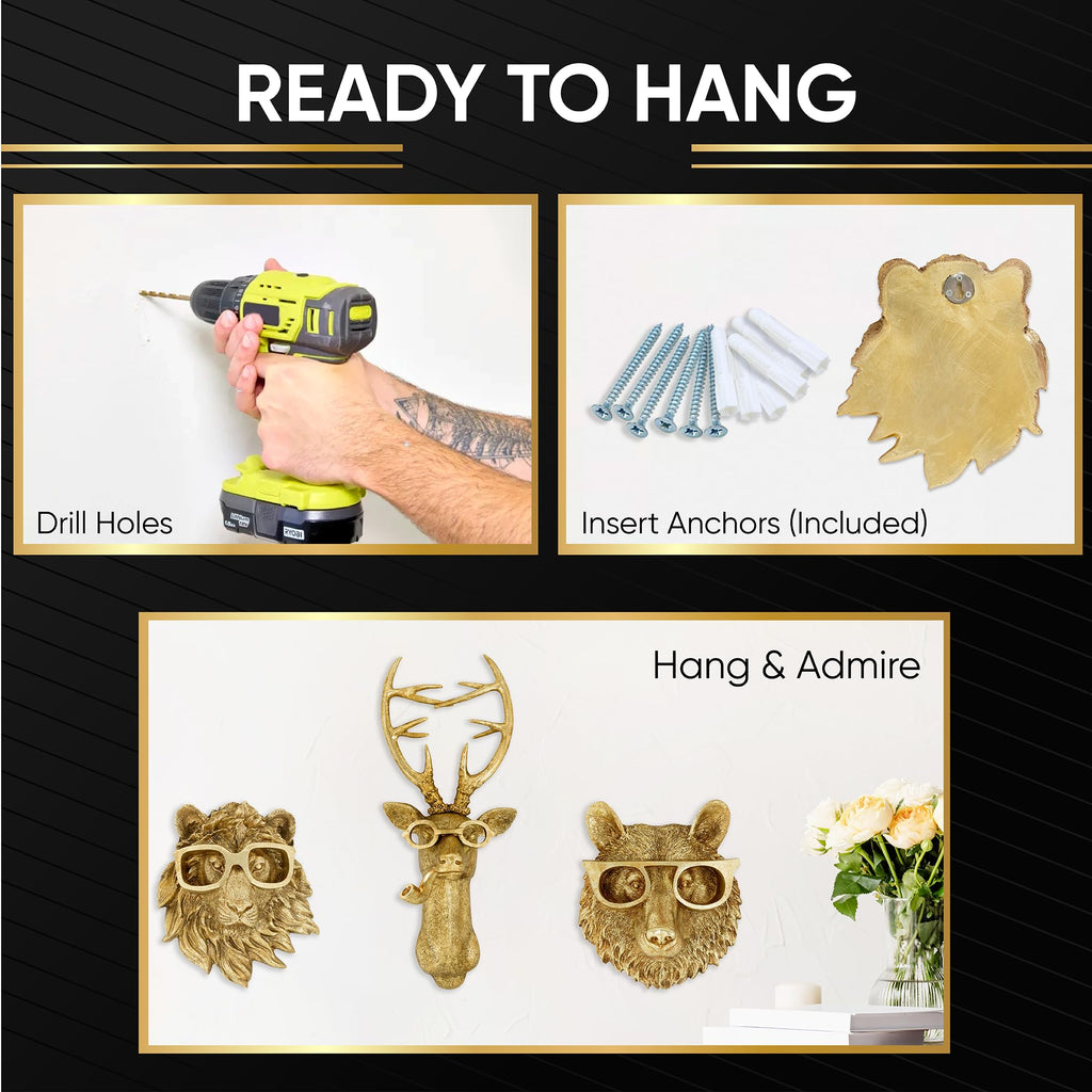 Gold 3pcs Animal Heads Wall Decor - Victorian-Style Lion Head, Bear Head, and Deer Head Wall Mount Decor, Adorned