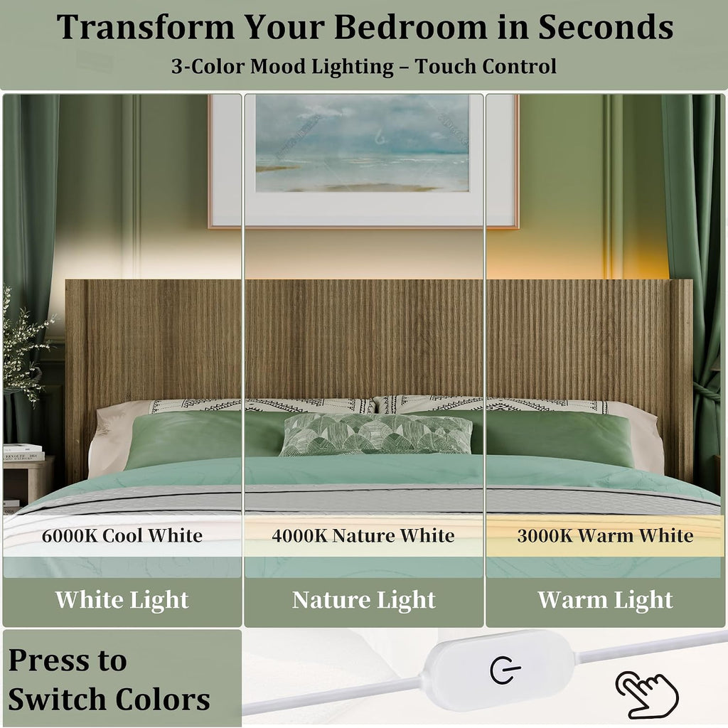 King Headboard Only, Modern Fluted Wall-Mounted Head Board with Lighting, Boho Wood Bed headboard Stylish Bedroom