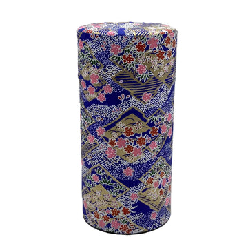 Japanese Tea Canister Tin Sakura Blizzard on a Rhombus Pattern Blue/Double Lid/Japanese YUZEN Washi Paper Pasted